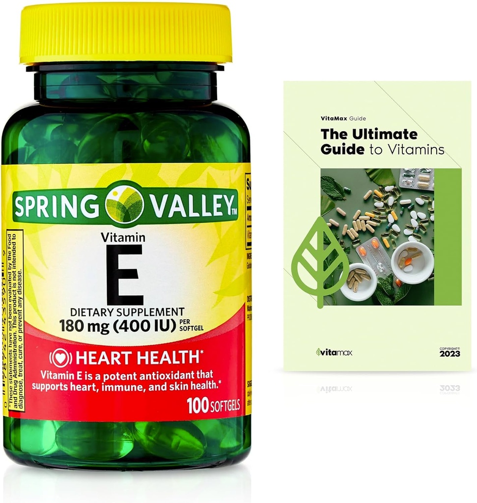 봄 밸리 비타민 E 심장 건강 규정 식 보충교재 Softgels, 180 mg (400 IU), 100 조사 + 독점적인 VitaMax 비타민 가이드 (2 품목)