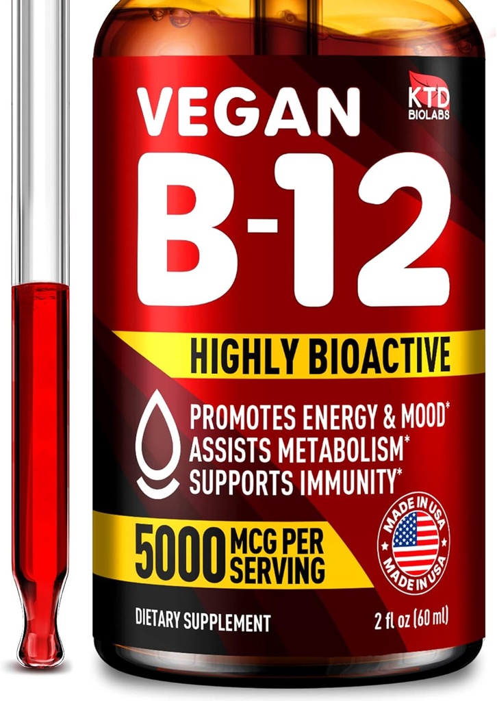 B12 하위 언어 5000 mcg 드롭 - 미국에서 만든 - 에너지, 계류 및 기억을위한 Vegan B12 비타민 - 높은 생물 사용 가능한 하위 언어 드롭 - 여성 및 남성을위한 Methylcobalamin - 2 fl. oz.