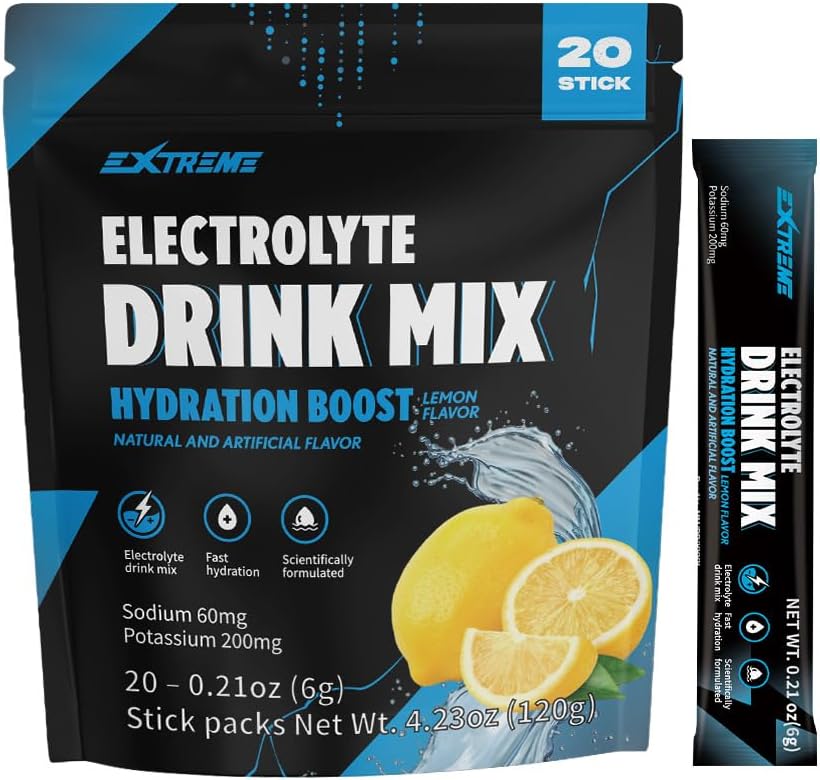나트륨 60mg, 칼륨 200mg, 타우린 - 하이드로 션 파우더, Zero Sugar, Zero Caffeine, Non GMO, Zero Gluten, Low Calorie, Lemon flavor (20 Packets, 20 Days 공급)와 함께 극단적으로 전자 음료 혼합