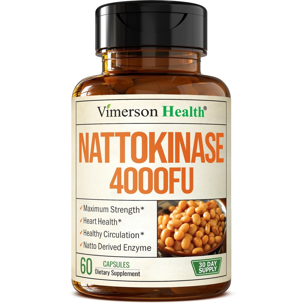 Nattokinase 보충교재 - Nattokinase 4000 FU - 최대 힘 순환 보충교재 - 건강한 순환 & 매끄러운 교류를 위한 체계적인 효소. 비 GMO & 비건. 60 캡슐