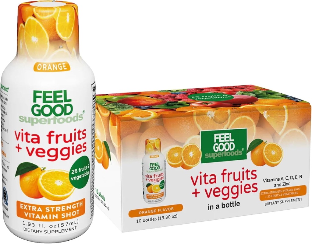FeelGood Superfoods Vita Fruits and Veggies Immune Support Shot Supplements, 오렌지 맛, 10 Immunity Shot 팩, 면역 시스템 부스터 음료 25 유기농 과일 및 야채