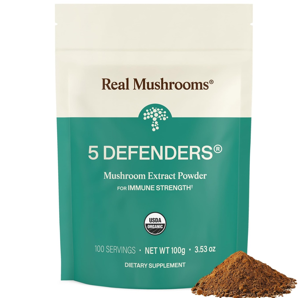 Real Mushrooms 5 수비수 버섯 복합 분말 - Chaga, Reishi, Turkey Tail, Maitake & Shiitake Mushroom Blends의 유기 버섯 추출물 베타 글루칸과 함께 웰빙 지원 - 100 개 봉사