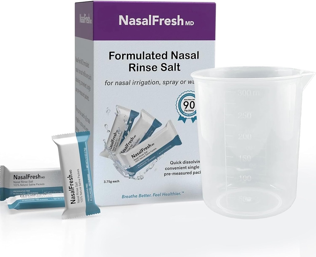 NASALFRESH MD - 사선 패킷 - 빠른 용해 - 단일 용도 - 사전 - 관개 - 개별적으로 포장 (3.75g / 1.3oz) - 90 카운트 리필 패킷 - 300mm 컵