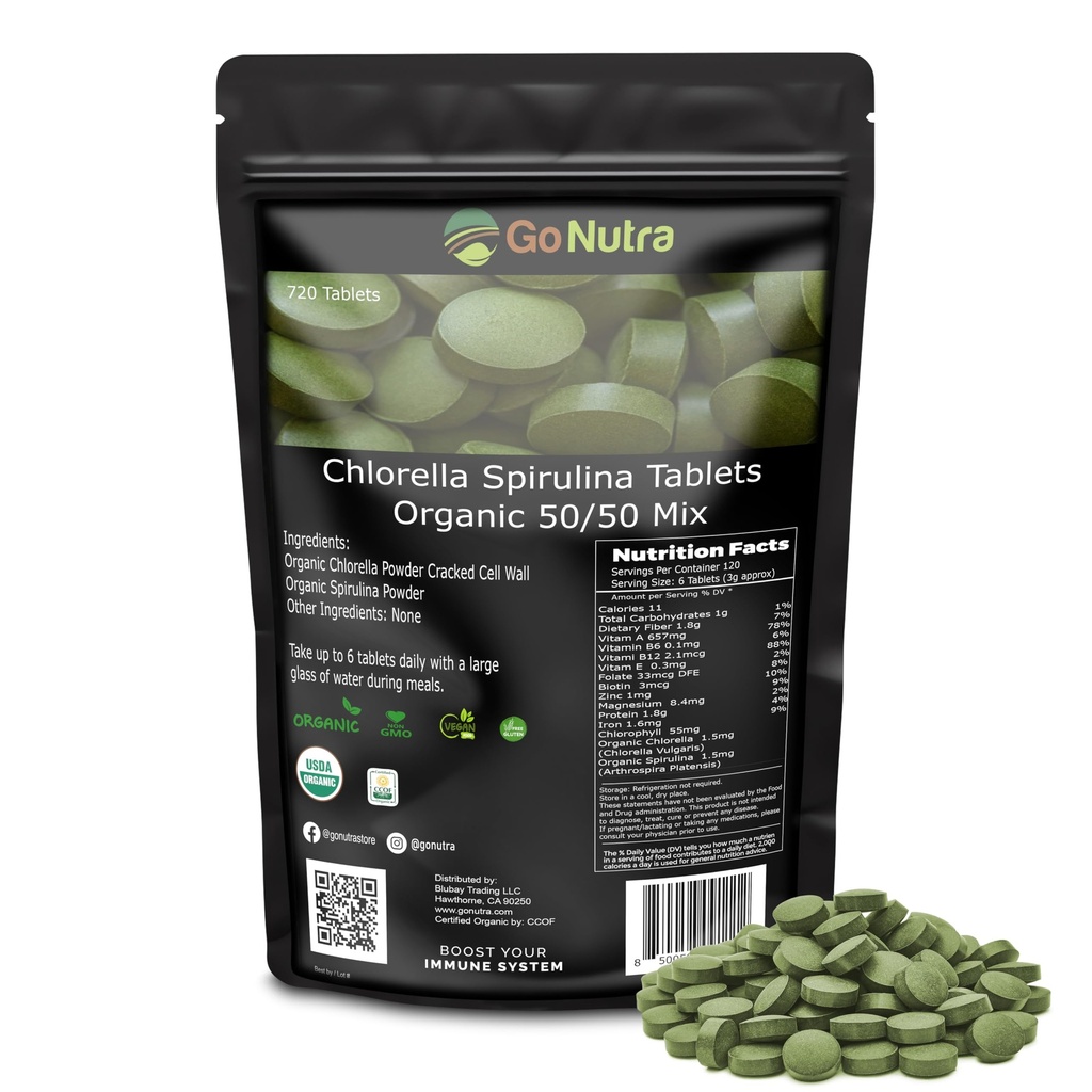 고 Nutra 유기 Spirulina Chlorella 정제 50/50 혼합 | 영양 성분 Superfood - Vegan Protein, Chlorophyll, 효소 | 500mg 각 Chlorella Spirulina 정제, 720 카운트, 4 개월 공급