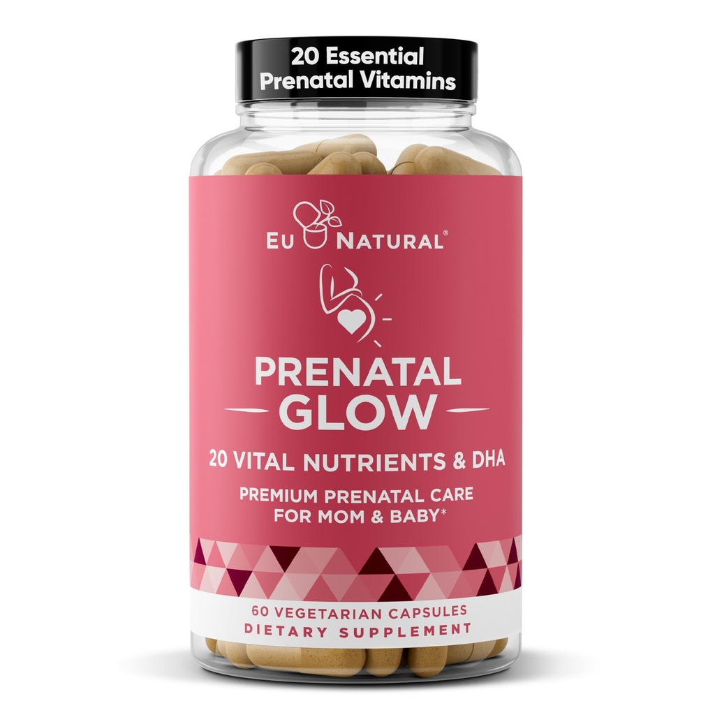 여성을위한 Glow Prenatal 비타민 - 건강한 임신 및 태아 발달을위한 20-in-1 Vital Nutrients - 아기의 성장을위한 Folic Acid & Vegan DHA 및 편안한 임신 - 60 Nourishing 캡슐