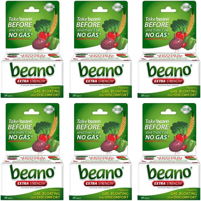 Beano 여분 힘, 소화 효소 보충교재는, 가스, bloating 및 Discomfort를 방지합니다 (포장 May Vary) 30 조사 각각 (6의 포장)