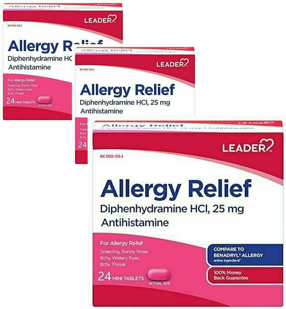 지도자 Antihistamine 알레르기 완화 Diphenhydramine HCl, 25mg 소형 정제, 3의 24의 조사 팩