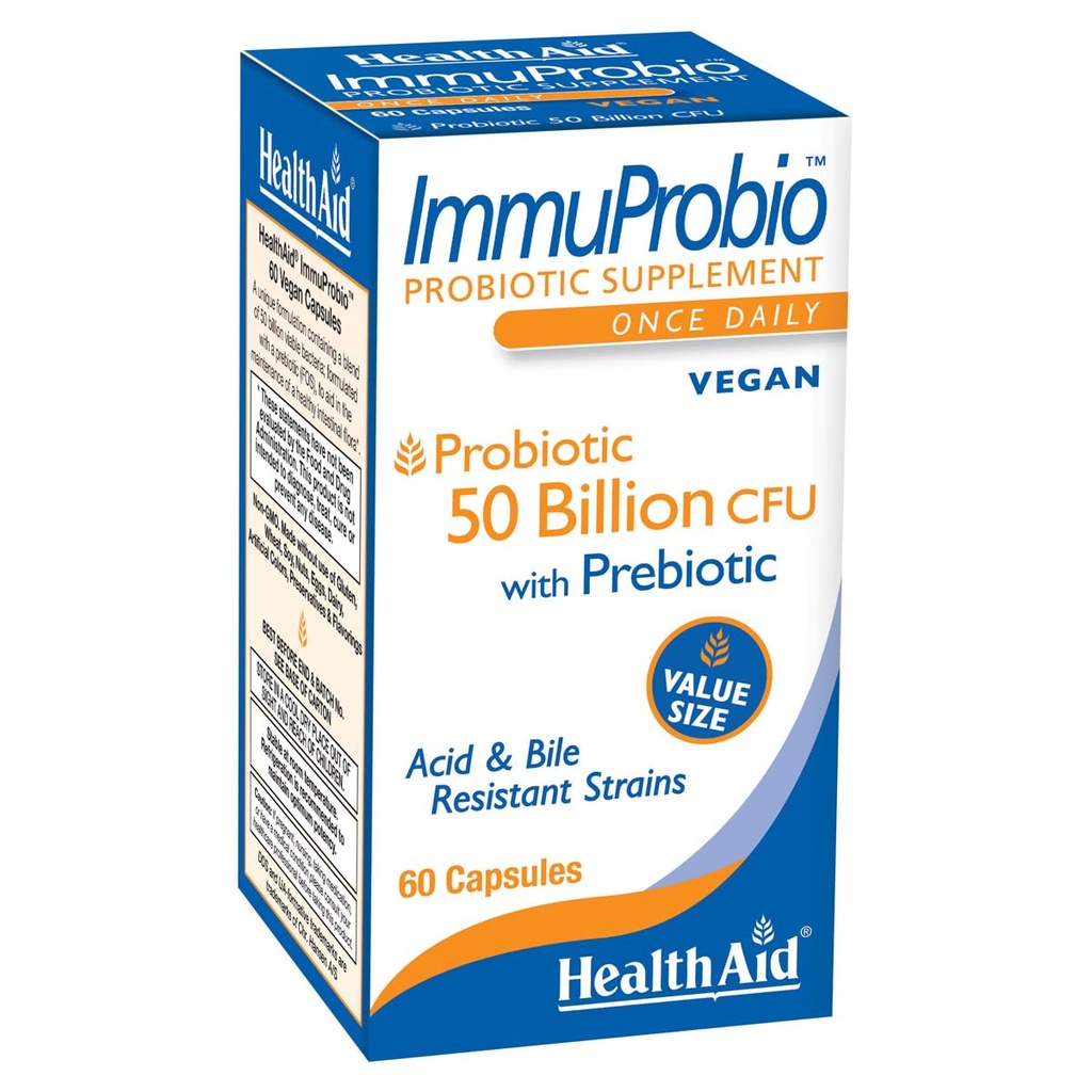 HealthAid ImmuProbio 60 Caps - 프리 바이오 틱스 50 억 CFU, 매일, 산 및 Bile 저항하는 균류, Vegan