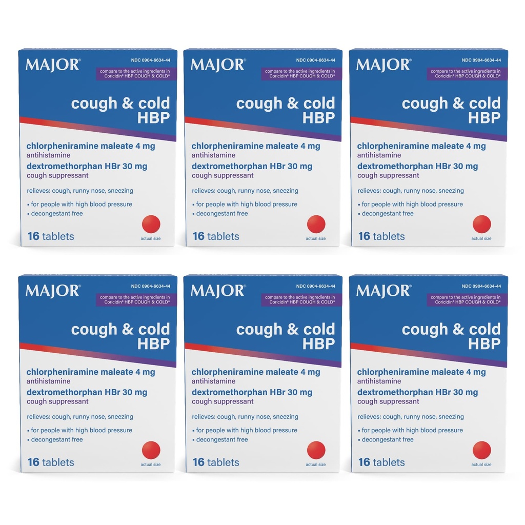 MAJOR 기침과 찬 HBP 정제 - 고혈압을 가진 사람들을 위한 항히스타민과 기침 억제제 - Dextromethorphan HBr, Chlorpheniramine Maleate - 16 조사 (6 팩)