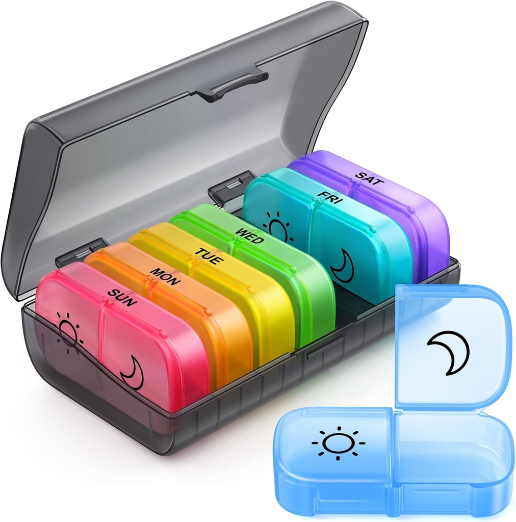 ZIKEE Weekly Pill 주최자 2는 동일한 측 오프닝 디자인, AM PM 알약 상자 7 Day with 7 Detachable Pill Cases for Travel, Medications, 비타민 및 물고기 기름을 위한 큰 알약 홀더를 위한 낮을 돕습니다