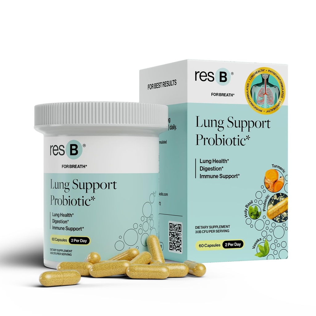 ResB Lung Support Probiotic Supplement - 흡연자, Gut Health, Immune 및 소화 지원, 호흡 관리, Holy Basil & Turmeric, 임상 시험 - 60 캡슐