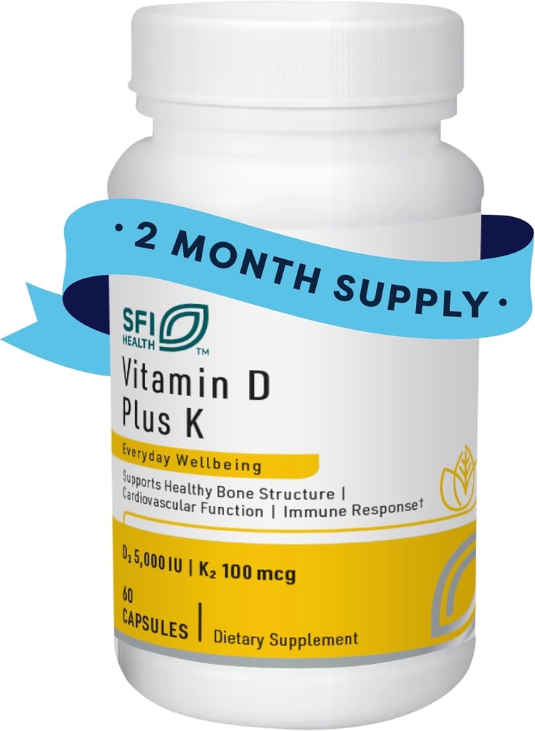 Klaire Labs SFI 건강 비타민 D 플러스 K - Bone & Immune 지원을 위한 Bioavailable 비타민 K2 D3 보충교재 - 각 캡슐은 D3 5000 iu & K2 100 Mcg (60의 캡슐)를 전달합니다