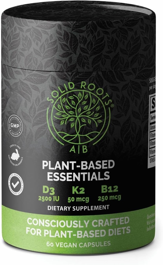 SOLID ROOTS Vegan 비타민 D3 + 뼈, 심장, 피부, 치아 식물 기반 멀티 비타민 D3 + K2 + B12