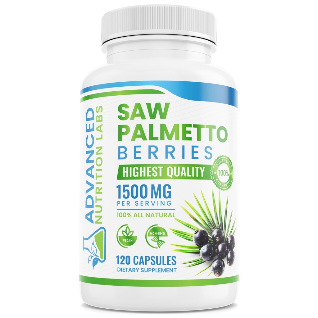 Saw Palmetto Berries & Extract - 1500 mg Saw Palmetto Supplement for Men & Women - 머리 성장, 전립선 지원 및 유린 건강을위한 DHT 차단제 - 120 Vegan 캡슐