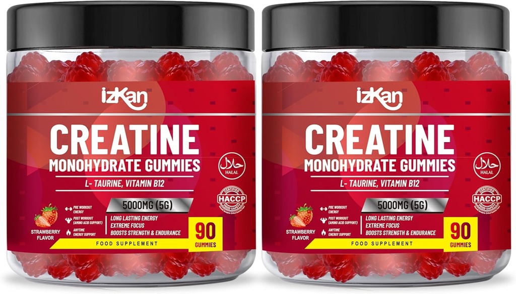 Creatine Monohydrate Gummy 5000mg for Men & Women - 180 Chewable Creatine ADVANCE COMPLEX Taurine & B12 Gummies Strawberry Flavoured | Pre 운동 체육관 보충| Halal | Vegan | (2 개월 공급)