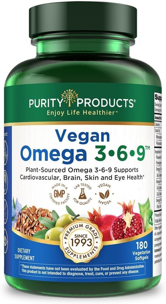 순도 제품 Vegan 오메가 3-6-9 포뮬러 - "5 in 1" Essential Fatty Acid Complex - Scientifically Formulated Plant-Based Omega 3 6 9 Essential Fatty Acid (EFA) - 3 개월 공급 - 180 Softgels