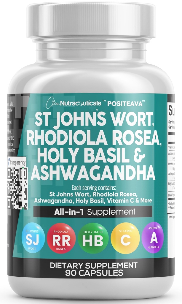 Clean Nutraceuticals St Johns Wort Rhodiola Rosea Holy Basil Ashwagandha - 비타민 C 및 검은 후추 추출물이있는 여성 및 남성을위한 무드 지원 - 90 모자