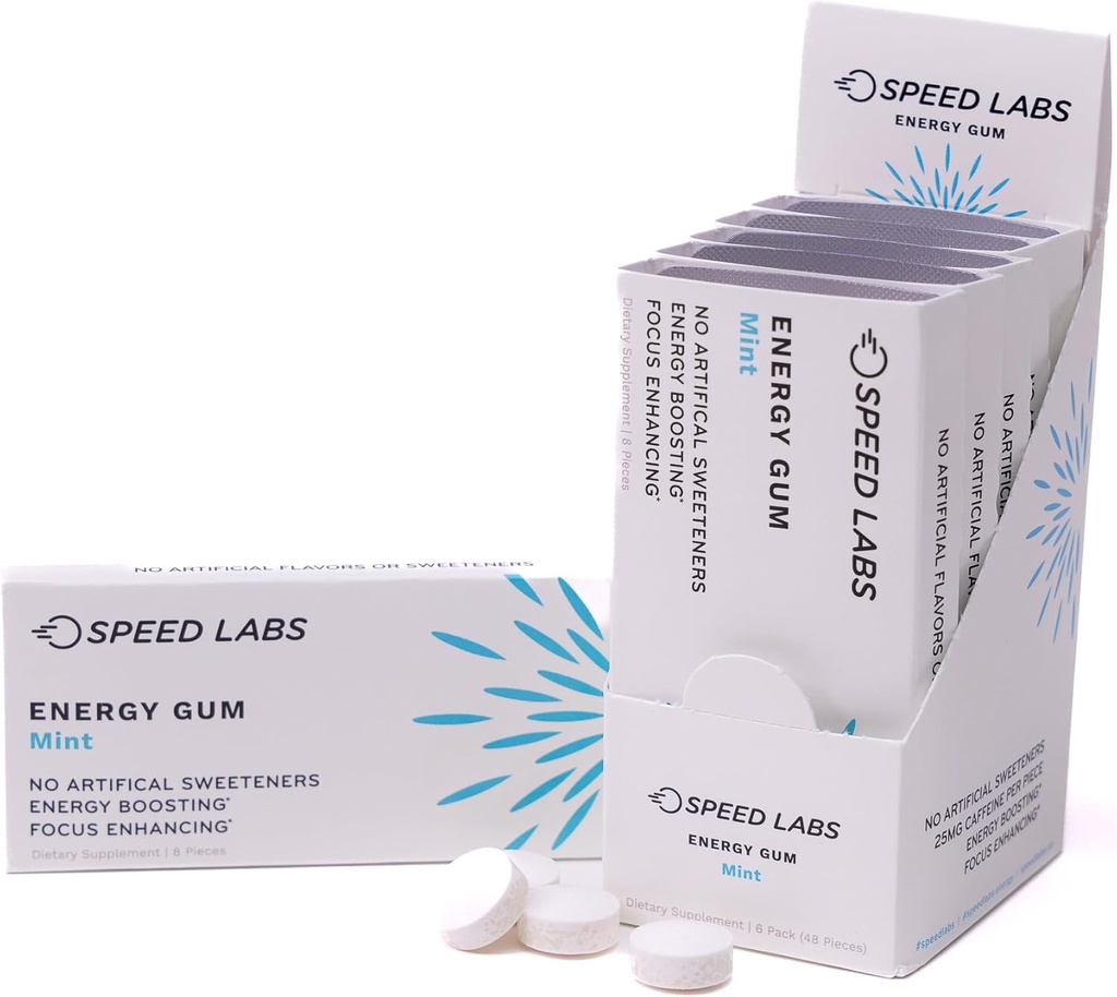 스피드 랩 민트 천연 카페인 에너지 껌 25mg 카페인, 타우린, 조각 당 B 비타민, 48 조각 (6 팩 8) 설탕 무료, 영 칼로리, 자연적으로 단화, 글루텐 무료