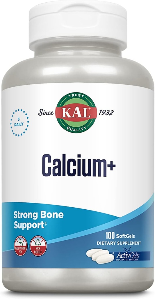 KAL 칼슘+ 액티 젤 1000mg | 칼슘, 마그네슘, 아연, 비타민 D-3 | 건강한 치아와 뼈를 지원하도록 공식화 된 | 소이 무료 | 100 Softgels