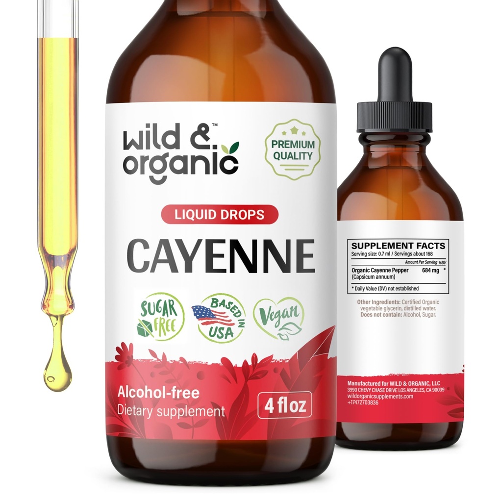 Wild & Organic Cayenne Pepper Tincture - Capsaicin Extract의 소화 지원 - 전장 웰빙을위한 Cayenne Pepper Liquid Drops - Vegan, Sugar & Alcohol-Free - 4 fl oz