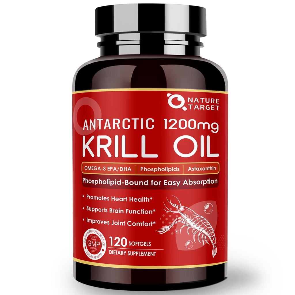 NATURE TARGET Krill Oil 1200mg with Omega-3 EPA & DHA with Astaxanthin, Phospholipids & Choline - 지원 심장, 뇌, 건강, 비 GMO, 글루텐 무료, 120 Softgels (60 인분)