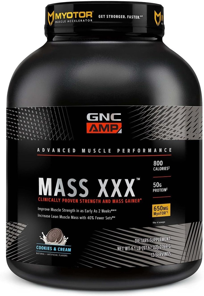 GNC AMP 질량 XXX의 임상으로 입증된 무게 게인더 단백질 분말은, 힘, 크기, 780 칼로리, 50g 단백질, 미크론화된 아미노산, 크레아틴, 베타인, 과자 & 크림, 13의 서빙, 6 SVG를 개량합니다
