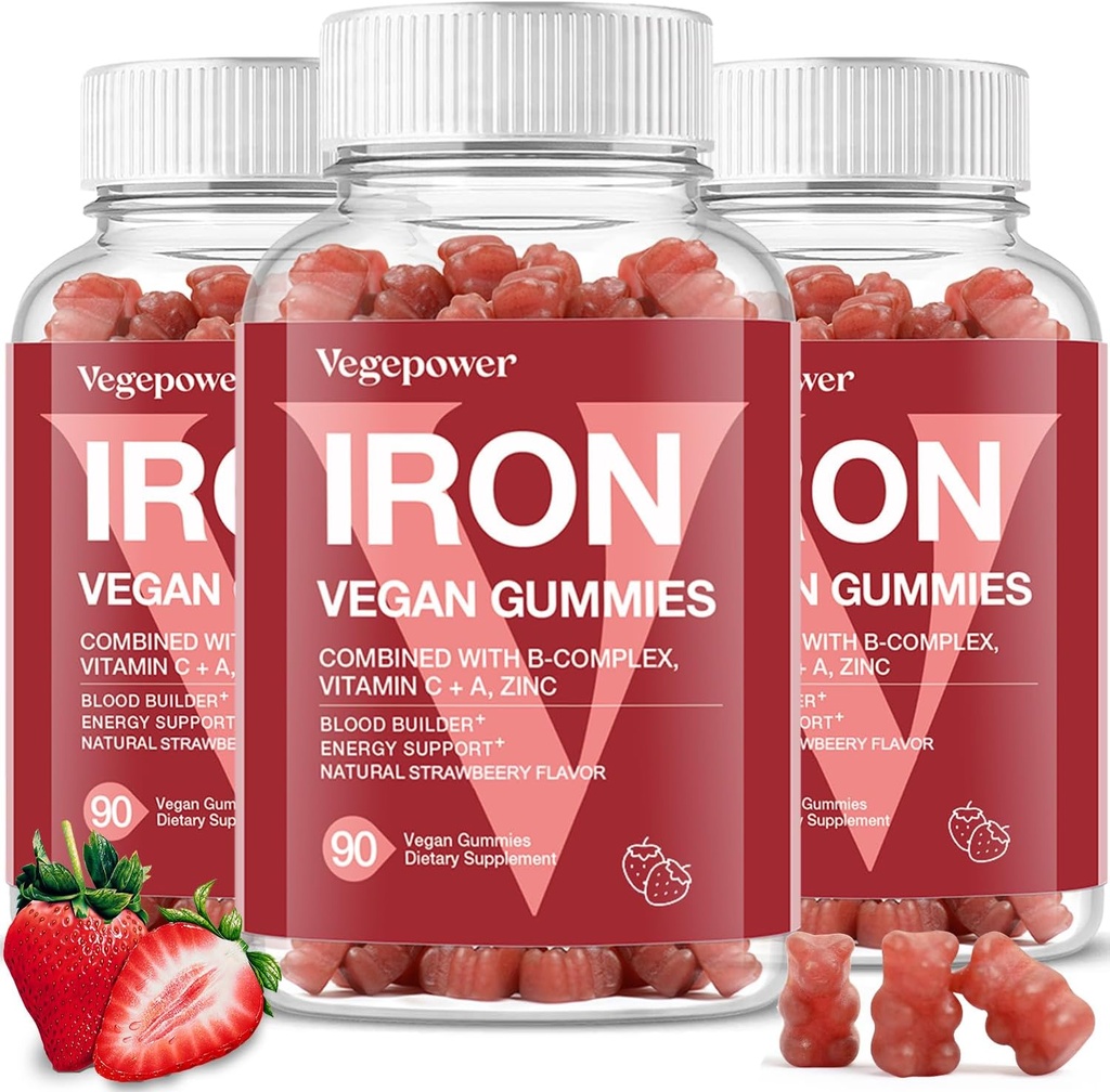 아이 & 여성을위한 철 Gummies 보조 식품 - 건강한 혈액을위한 철이있는 Multivitamin, 최대 흡수를위한 비타민 C와 큰 Tasting 비타민 Gummy - Strawberry (3 팩)