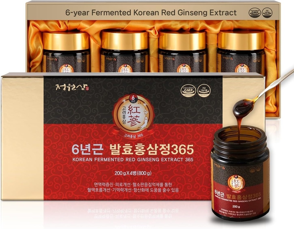 6년 발효 한국 홍삼 추출물 | 4X 200g 병 | 15g 당 9.6mg Ginsenoside | 에너지, 초점, 피로, 면역력 지원 | 남자와 여자를 위한 초본 보충교재