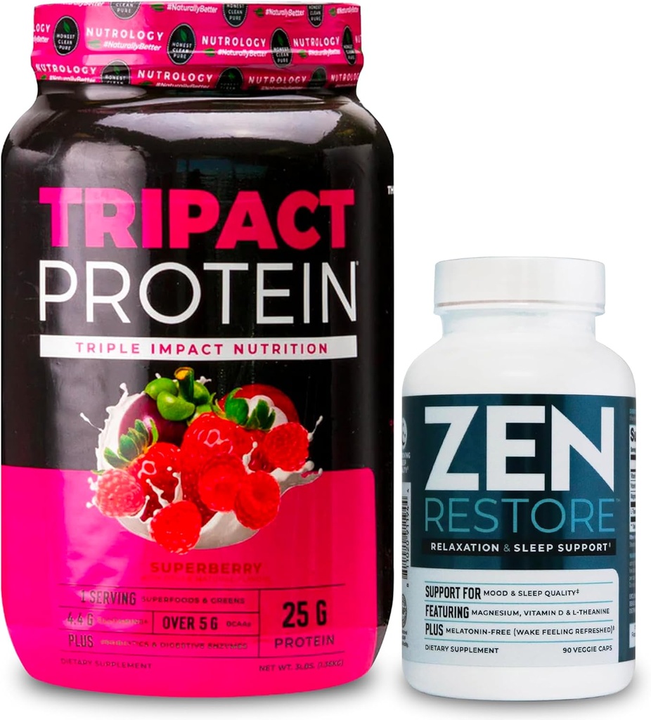 Nutrology TRIPACT Protein Powder, 7-in-1 식사 교체 Shake, Superberry (40 서빙) Zen 천연 마그네슘 보충 (30 서빙)