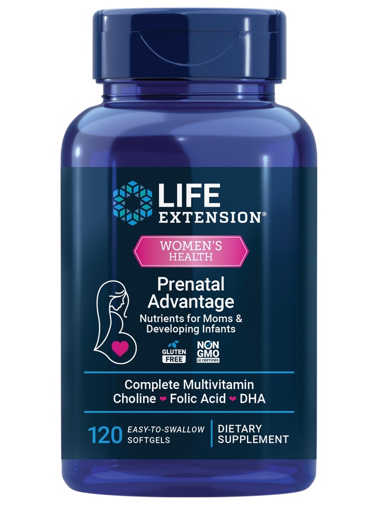 생활 연장 전염성 이점, 여자의 multivitamin, 아기 지원, folic 산, 콜린, omega-3s, 비타민 C, D3, B1, B6, B12, 아연, niacin, 글루텐 자유로운, 비 GMO, 120 softgels