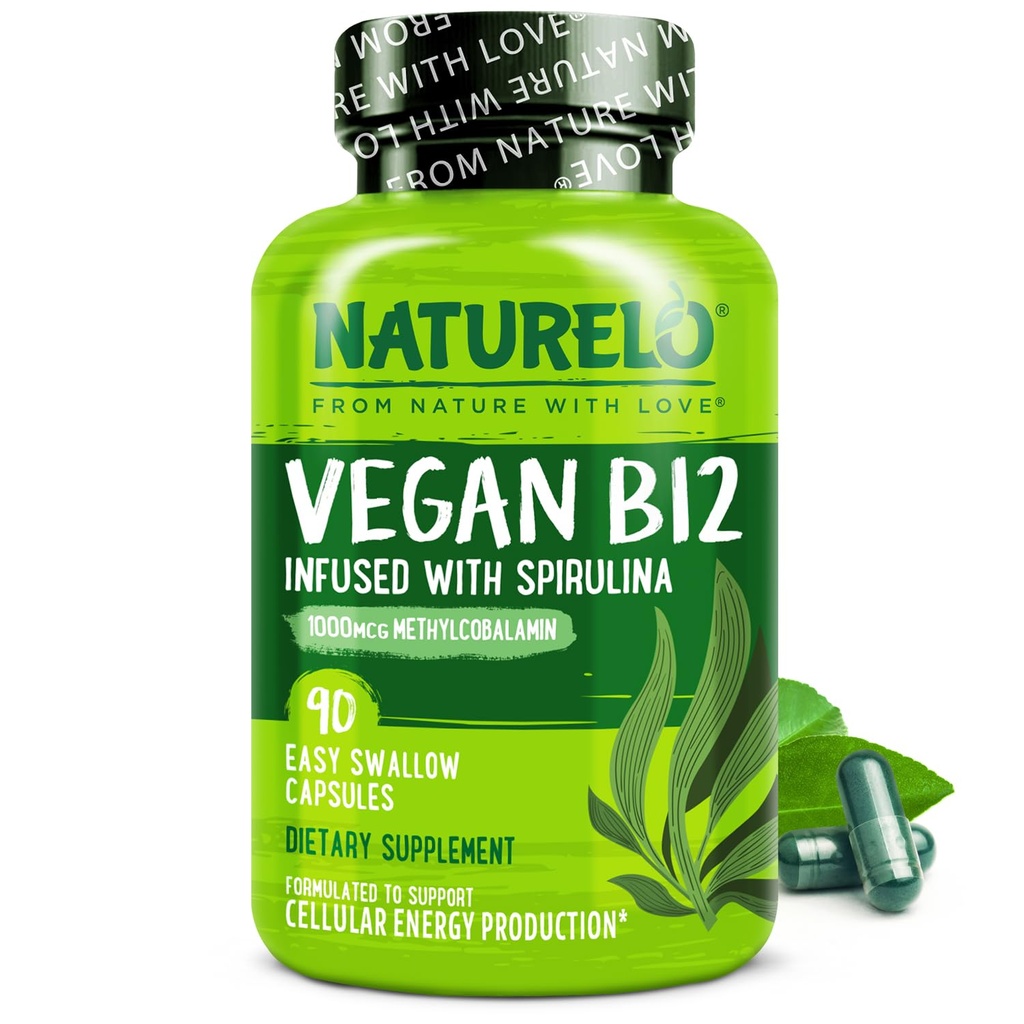 NATURELO Vegan B12 - 유기 Spirulina - 높은 효능 비타민 B12 1000 mcg Methylcobalamin - 건강한 계류, 에너지, 심장 및 눈 건강 지원 - 90 캡슐