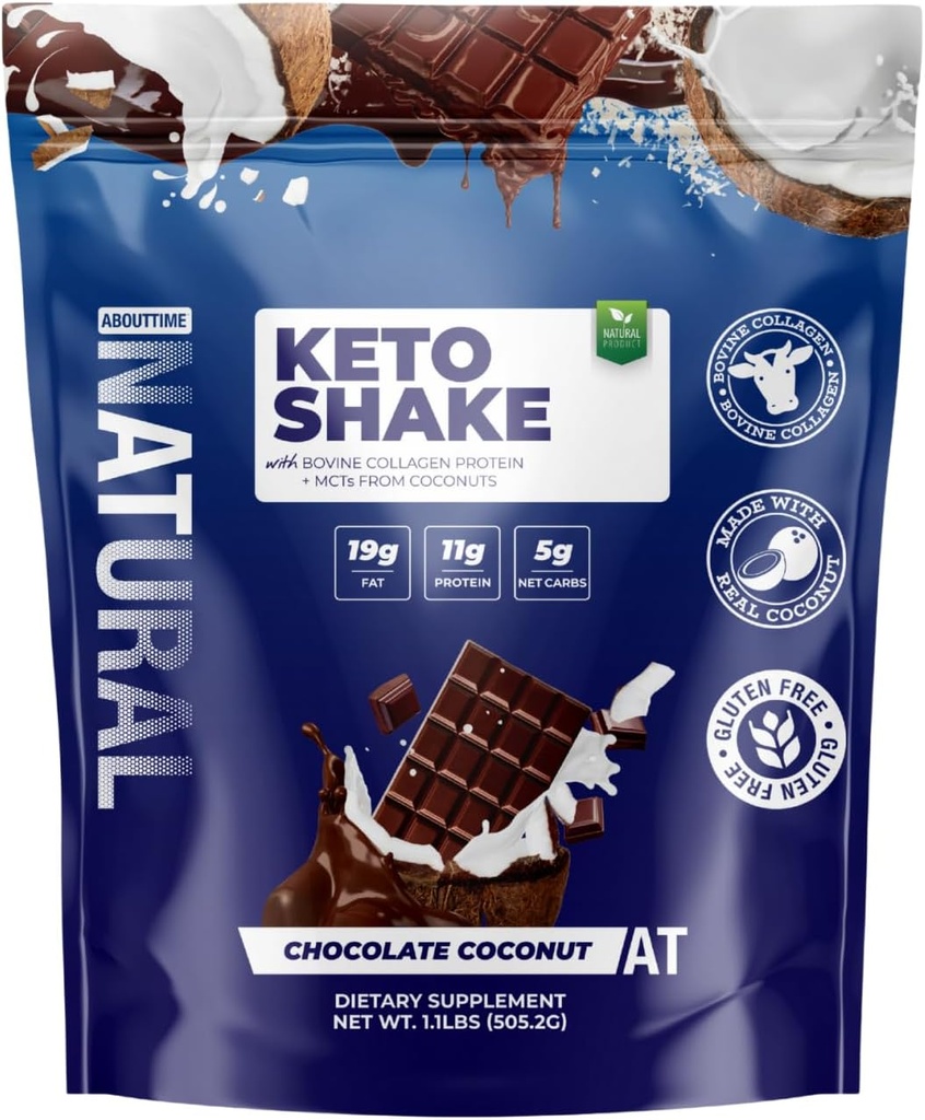 코코넛에서 Bovine Collagen Protein + MCTs가있는 시간 Keto Shake 초콜릿 코코넛 | 11g Protein, 19g Fat, 5g Net Carbs | 글루텐 프리, 비 GMO, 12 서빙