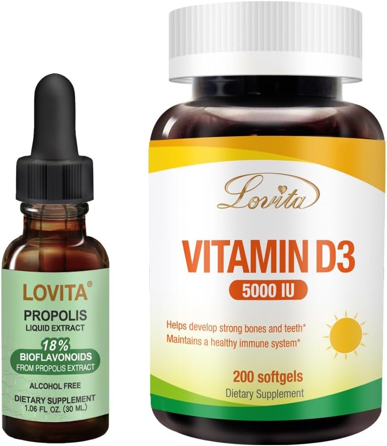Lovita 꿀벌 Propolis 액체 추출물 & 비타민 D3 Softgel 영양 보충교재 뭉치