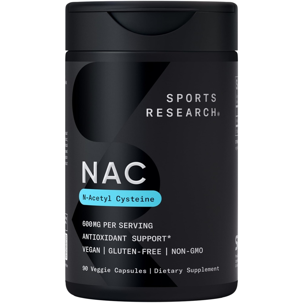 스포츠 연구 N-Acetyl L-Cysteine (NAC) 600mg, 90 Veggie 캡슐 - Vegan, 비 GMO, 글루텐 무료. 레몬 아로마
