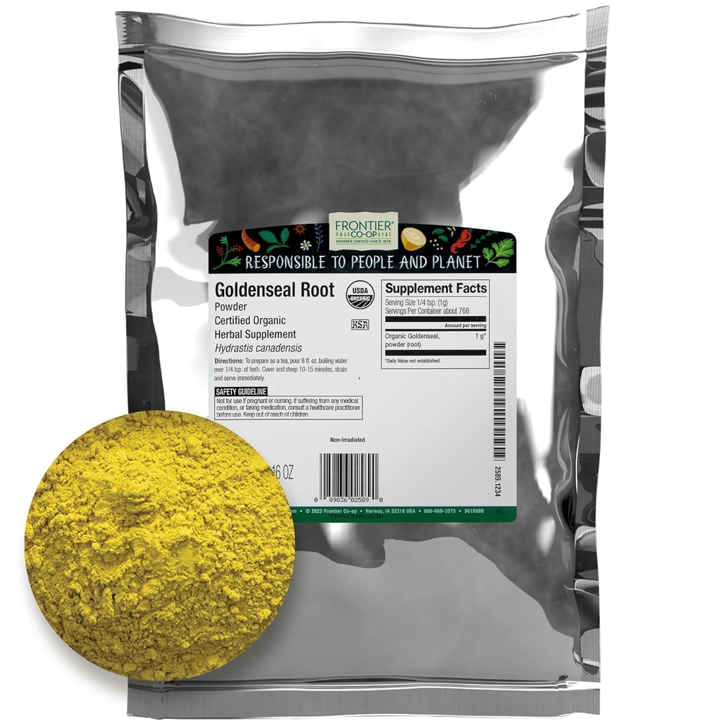 Frontier Co-op 유기 Goldenseal 뿌리 분말, 1/4 lb - 지구, 차와 탄약 조리법을 위한 밝은 노란색 색깔을 가진 쓴 초본 뿌리 - 4개 oz