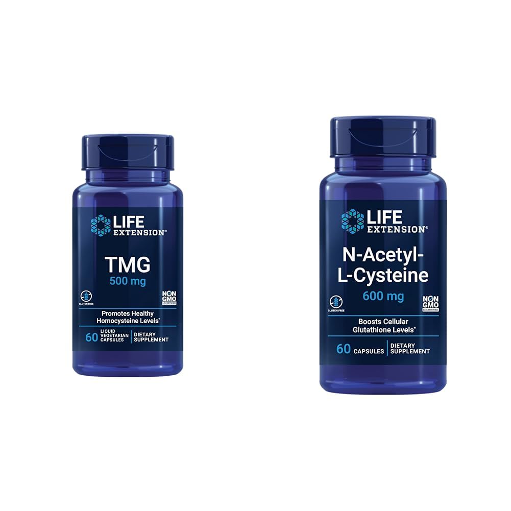 수명 연장 TMG 500 mg – Trimethylglycine 보충교재 – Encourages 건강한 Homocysteine 수준 & N-Acetyl-L-Cysteine (NAC), 면역, 호흡, 간 건강, NAC 600 mg