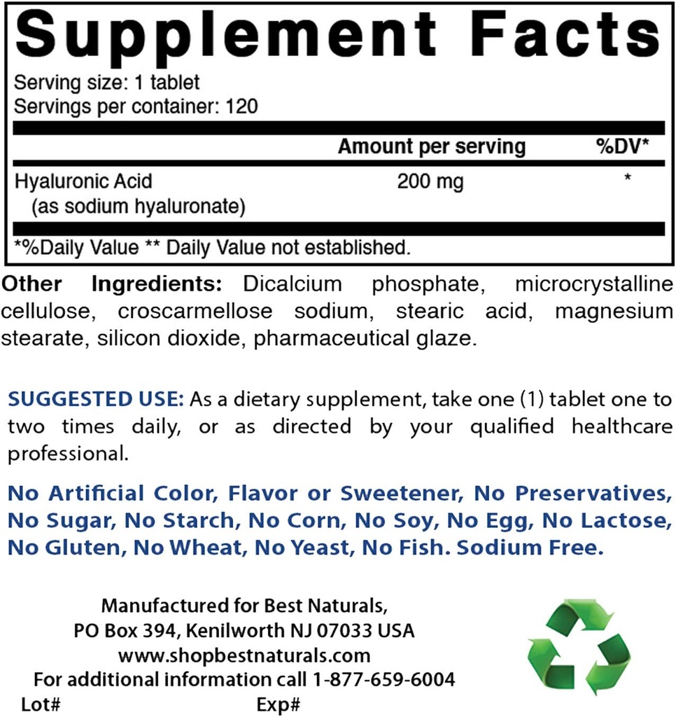 제일 자연적인 Hyaluronic 산 200 mg & 이산화탄소 100 mg