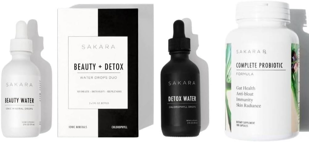 Sakara Beauty Water + Detox Water Drops & Complete Probiotics - Trace Mineral Drops & Chlorophyll Liquid Drops, 여성 소화 건강을 위한 Probiotics