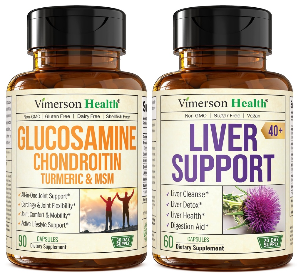 Glucosamine Chondroitin MSM with Turmeric Boswellia & Liver Cleanse Detox & Repair 40+ Liver Supplement with 50% Silymarin 밀크 이틀 추출물 공동 및 Liver 지원