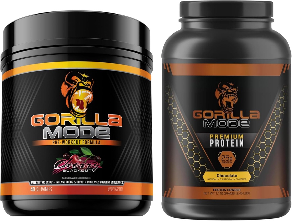 Gorilla Mind Pre Workout (Cherry) + Premium Whey Protein (Chocolate) - 최대 운동 결과 연료를위한 종합 스택