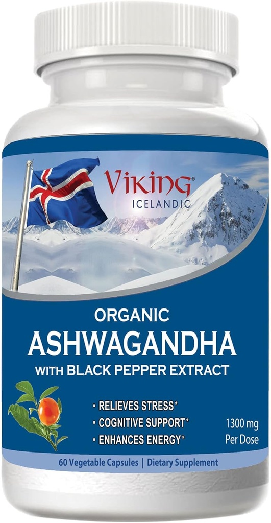 Black Pepper Extract 아이슬란드어를 가진 Viking 유기 Ashwagandha. 60 Vegan 캡슐 - 스트레스, 계류 및 에너지 지원을위한 최대 흡수