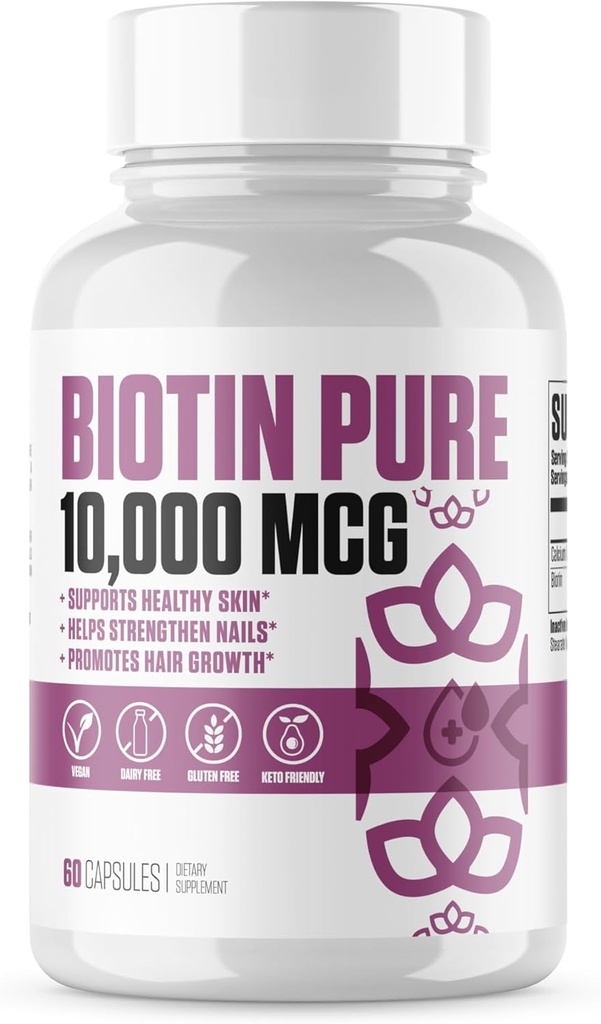 Biotin Pure 10,000 MCG + 칼슘 | #1 새로운 Max Dose Biotin B7 보충 약 건강 및 더 긴 머리, 피부 및 손톱 | 남성과 여성을위한 채식 캡슐 - 60 서빙
