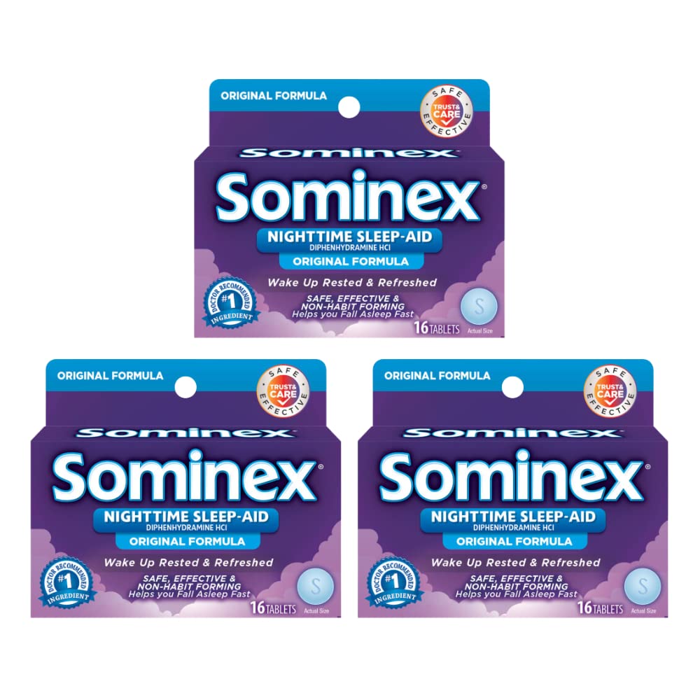 Sominex 최대 강도 야간 수면 보조 | Diphenhydramine HCI | 팩 당 16-Caplets | 3-Pack
