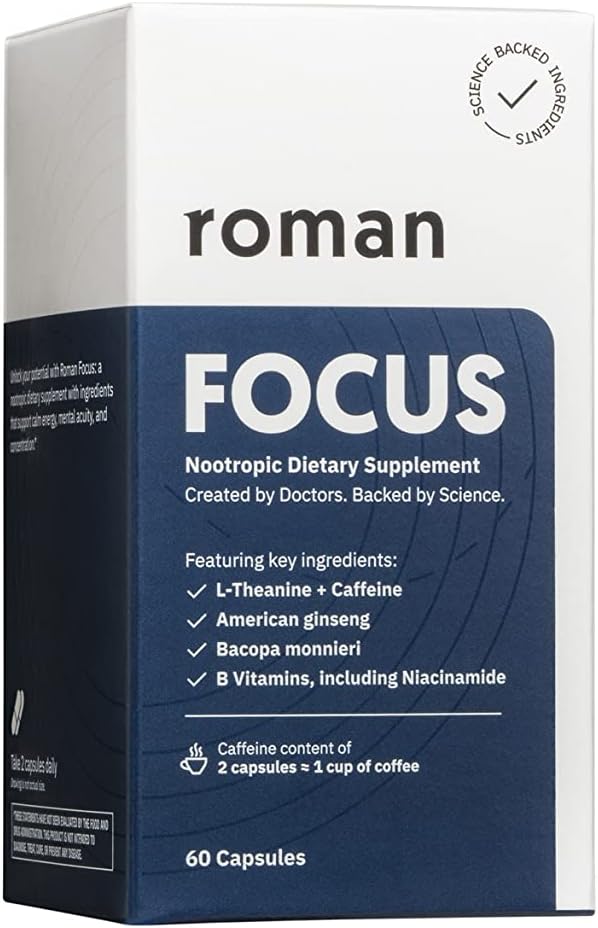 Ro Focus | Nootropic Dietary Supplement는 Caffeine, L-Theanine, American Ginseng 및 Bacopa Monnieri의 Calm Energy 및 Concentration를 지원합니다 | 30일 공급 (60 정제)