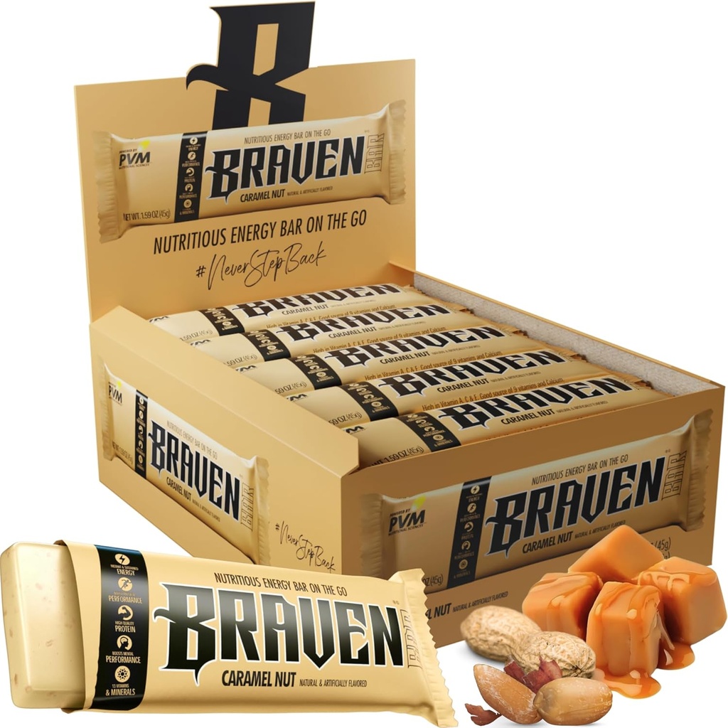Braven Bar Caramel Nut Energy Bar (1.59 oz, 20 팩) - 5g Protein이있는 에너지 Chews - 운영, 하이킹 및 스포츠를위한 온 - 이동 에너지 스낵 - 지속 에너지 부스트를위한 글루텐 무료 스낵