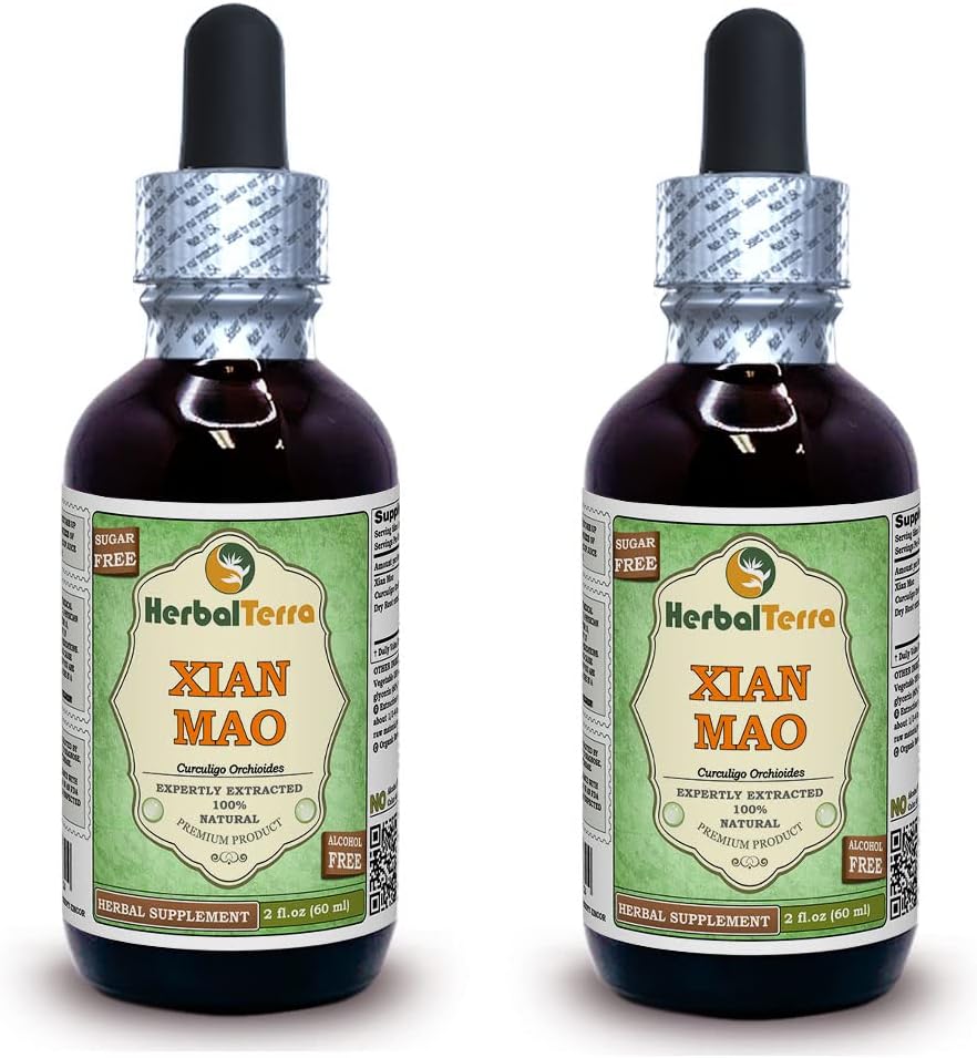 Xian Mao, Curculigo (Curculigo Orchioides) Glycerite, 유기 건조 루트 분말 알코올 무료 액체 추출 (브랜드 이름: HerbalTerra, 미국에서 Proudly 만든) 2x2 fl.oz (2x60 ml)