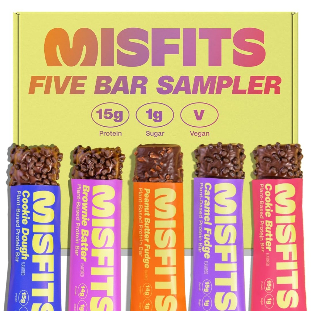 Misfits Vegan Protein Bar - 업데이트 된 레시피 | 식물 기반, 낮은 설탕 및 캐비넷, 높은 섬유 스낵 | 다양 한 샘플 팩 맛 시험에 | 팩 5 (1 각 맛)