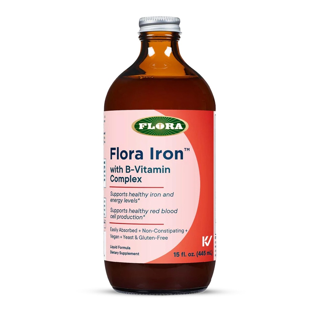 Flora Iron - B 비타민과 Vegan Liquid Iron Supplement - Red Blood Cell & Energy Support - Yeast-Free & Gluten-Free - 맛있는 과일 주스베이스 - 15 fl. oz. 유리 병