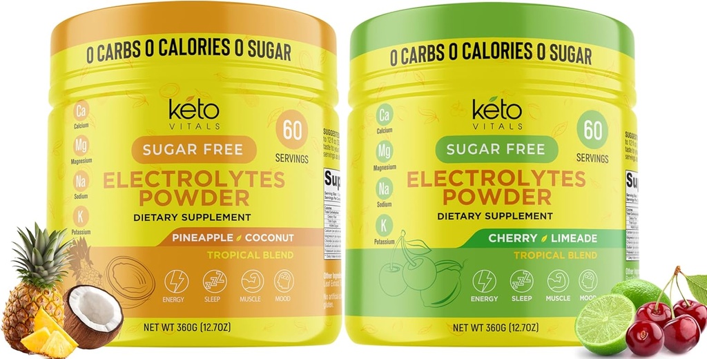 Keto Vitals Pineappale 코코넛 번들 Cherry Limeade - 2 팩 번들 Keto Electrolytes 분말 - 칼륨, 마그네슘, 나트륨, 칼슘과 전기 - Pinneapple Coconut & Cherry Limeade