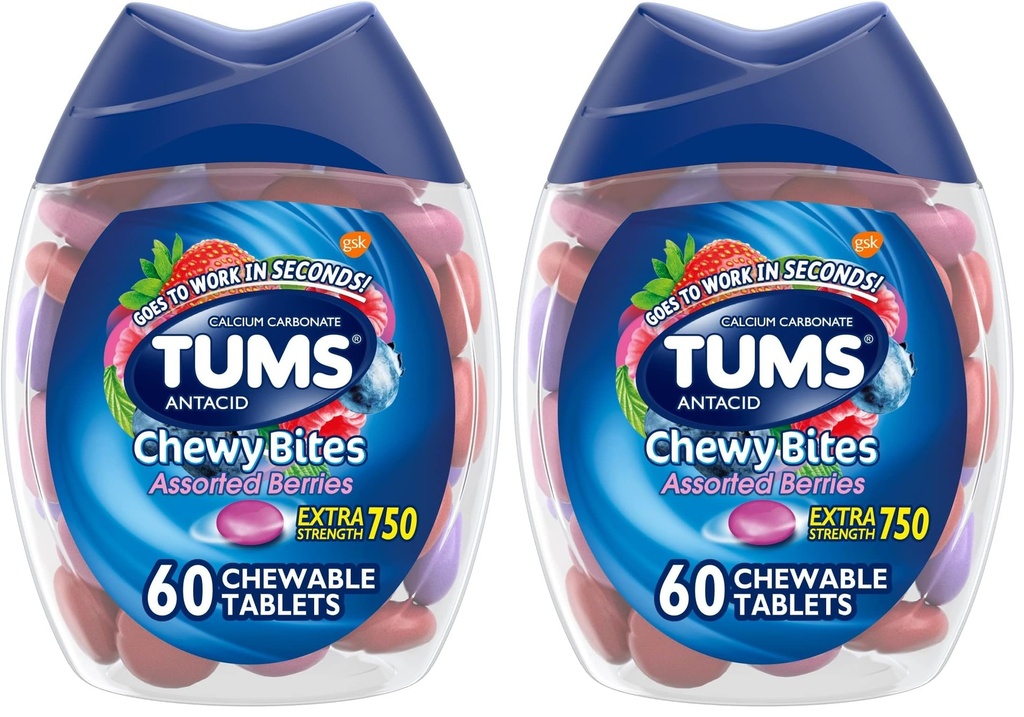 TUMS Chewy Bites Chewable Heartburn Relief 및 Acid Indigestion Relief, Assorted Berries - 60 카운트 (패키지 2)